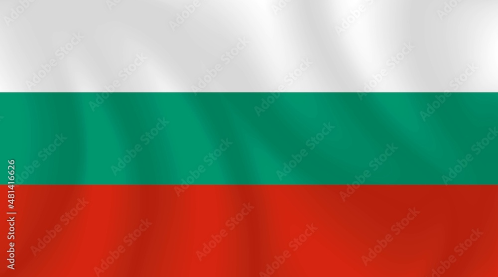National flag of Bulgaria with imitation of light waves on the fabric. Vector stock illustration 