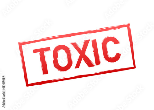 Red stamp toxic llustration on dark backdrop. Logo, label. Isolated vector illustration. Exclamation mark.