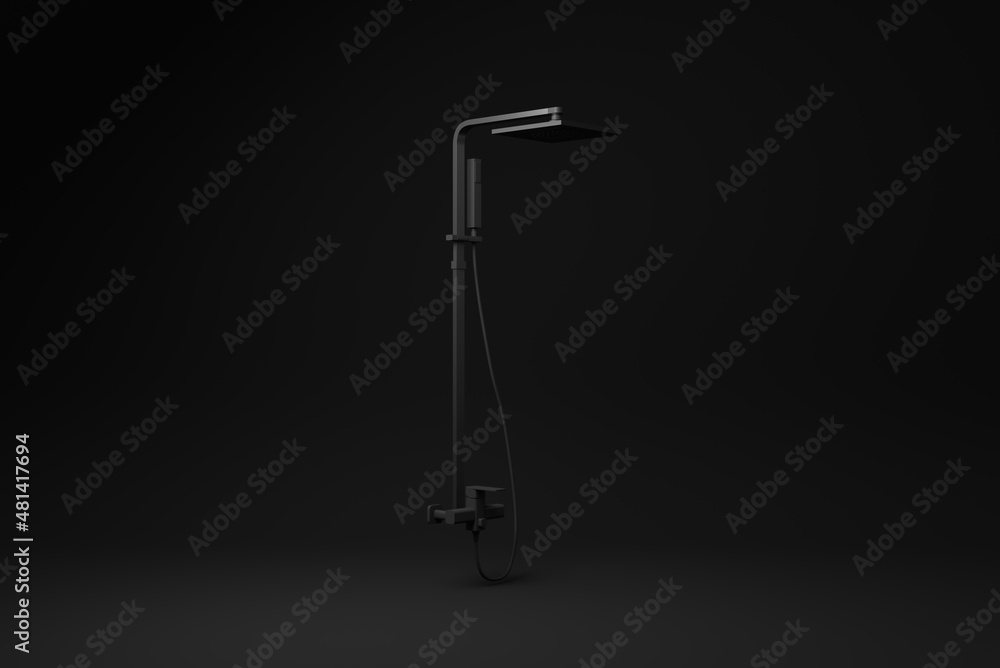 Black shower head and faucet floating on black background. minimal concept idea. monochrome. 3d render. Black shower head and faucet floating on black background. minimal concept idea. monochrome. 3d render.