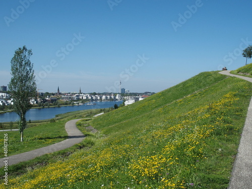 Hiking trails on the viewing hill at Phoenix Lake in the Dortmund suburb of Hoerde, North Rhine-Westphalia, Germany