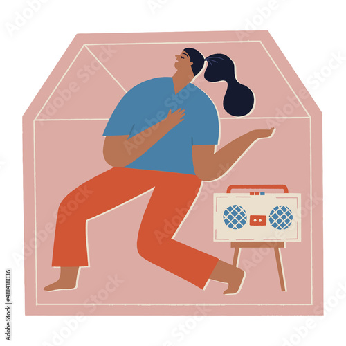 Women at home listening the music, dancing and singing in period of self isolation and social distancing during covid virus epidemic. Stay home global period illustration in vector.