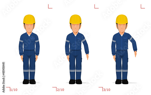 An industrial worker is raising hand