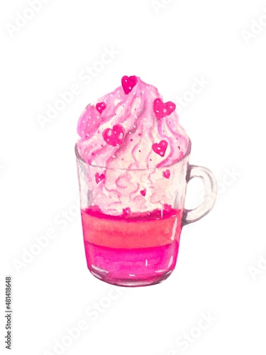 Watercolor dessert with hearts in a cup. Hand draw watercolor illustration.
