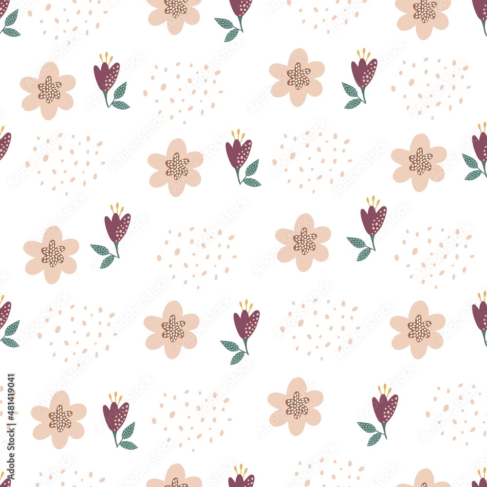 Fototapeta premium pink red beige flowers, cute florals, autumn flowers, seamless pattern on white