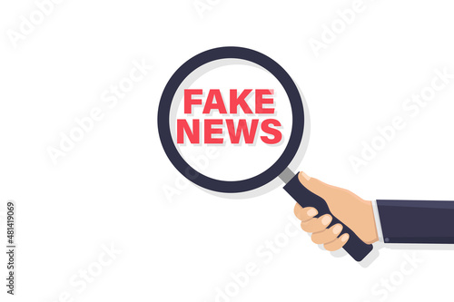 Hand holding a magnifying glass looking for fake news vector illustration