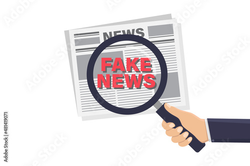 Hand holding a magnifying glass looking for fake news vector illustration