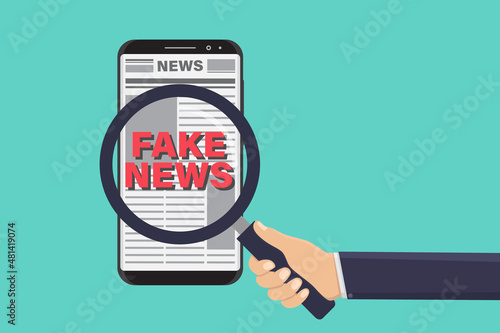 Hand holding a magnifying glass looking for fake news on smartphone vector illustration