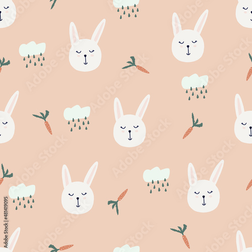 Cute bunny with couds and carrot pattern, rabbit face, white bunny face