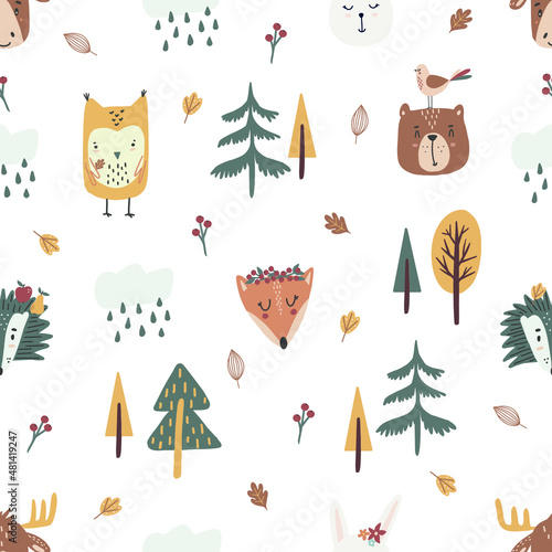 Cute woodland animals pattern, autumn in the forest, trees and woodland animals pattern on white