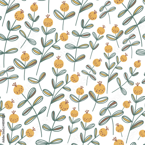 Cute yellow billy ball flowers, summer, spring, autumn florals, seamless pattern with yellow flowers.