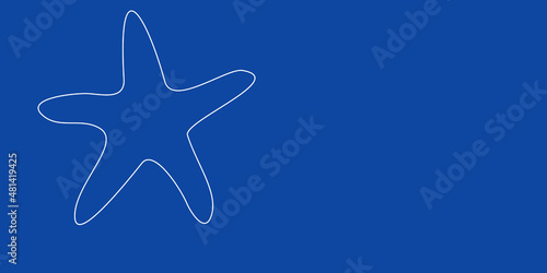 A large white outline starfish symbol on the left. Designed as thin white lines. Vector illustration on blue background