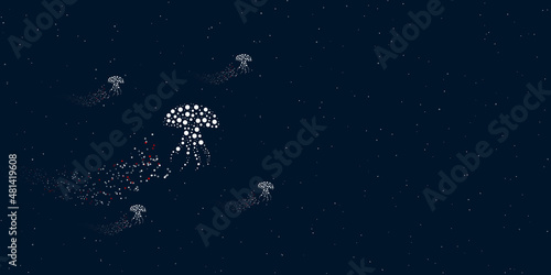 A jellyfish symbol filled with dots flies through the stars leaving a trail behind. Four small symbols around. Empty space for text on the right. Vector illustration on dark blue background with stars