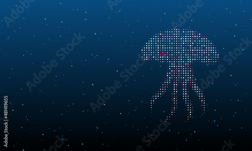 On the right is the jellyfish symbol filled with white dots. Background pattern from dots and circles of different shades. Vector illustration on blue background with stars