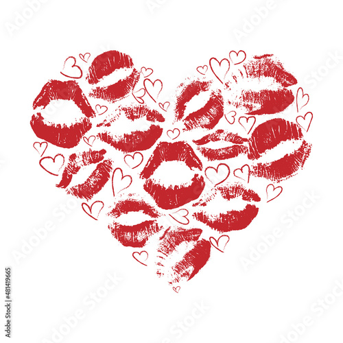 heart made of red lipstick prints on a white background