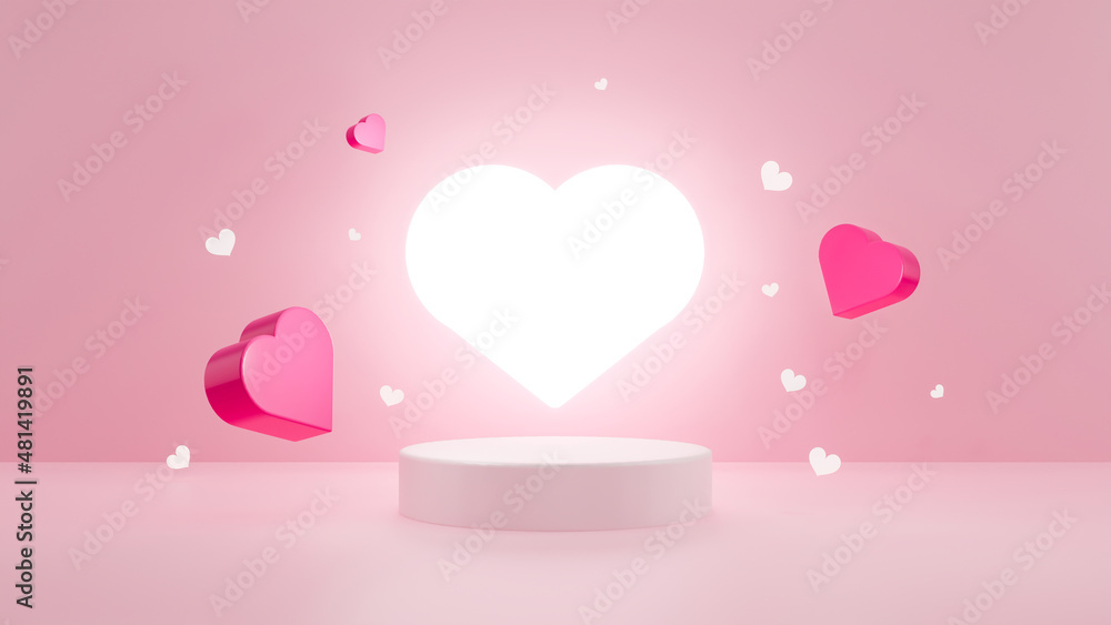 3D Render Valentine's Day Stage podium with glowing heart decoration Product display stage for presentation