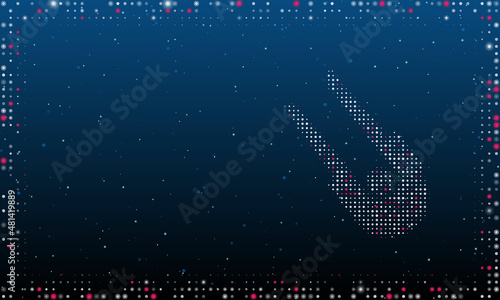 On the right is the solo bobsleigh symbol filled with white dots. Pointillism style. Abstract futuristic frame of dots and circles. Some dots is pink. Vector illustration on blue background with stars