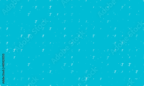 Seamless background pattern of evenly spaced white figure skating symbols of different sizes and opacity. Vector illustration on cyan background with stars