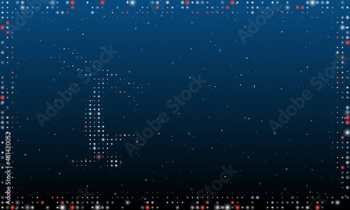 On the left is the freestyle skiing symbol filled with white dots. Pointillism style. Abstract futuristic frame of dots and circles. Some dots is red. Vector illustration on blue background with stars