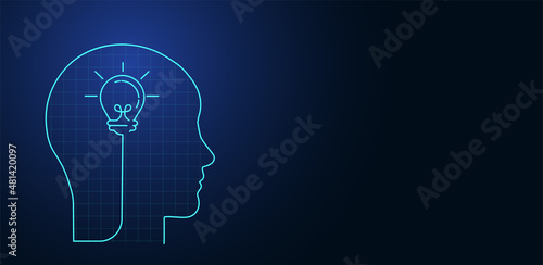 Creative mind or creative idea concept. Human head silhouette and hand holding bulb lamp