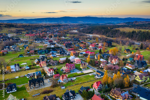 The autumn landscape of Bialka Tatrzanska village under the Tatra Mountains. Poland