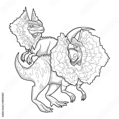 Two grawling dilophosauruses isolated on a white background.
