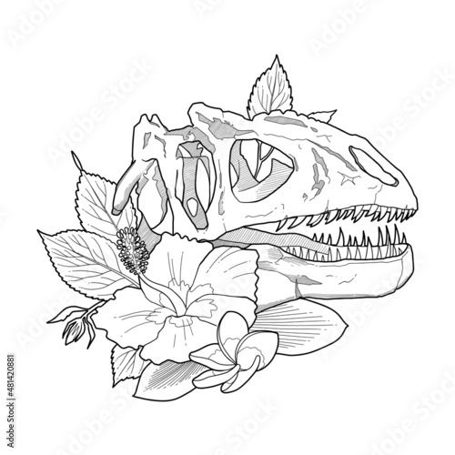 Dinosaur skull decorated with an exotic flowers
