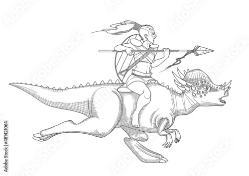 Young girl warrior riding on a pachycephalosaurus. photo