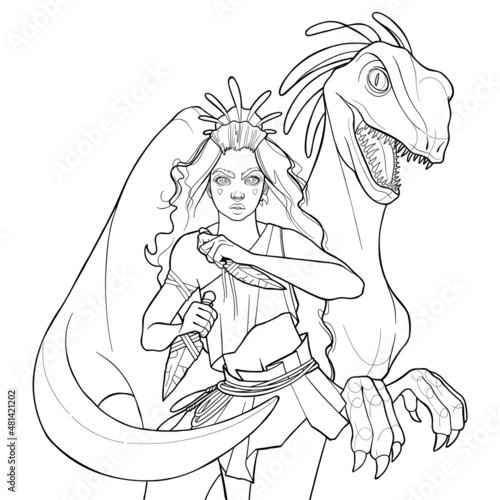 A cute wild girl stands in an attacking position under the protection of her friend velociraptor