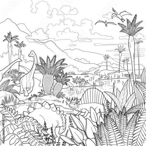 Various types of dinosaurs among prehistoric landscapes.