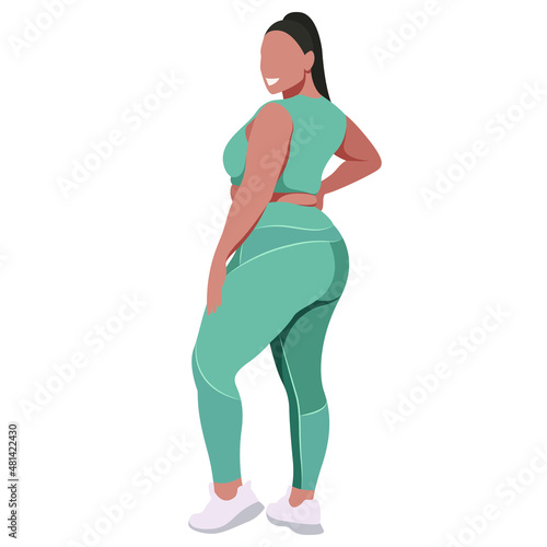 vector illustration a plus size girl in a sports uniform (leggings and a sports bra) trains, does fitness in a good mood isolated on a white background. useful for advertising sports studios, programs