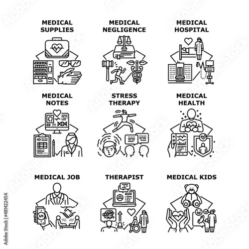 Medical service, hospital, negligence, supplies, health, Stress therapy, Therapist, Medical notes, Medical kids, Medical job vector concept black illustration