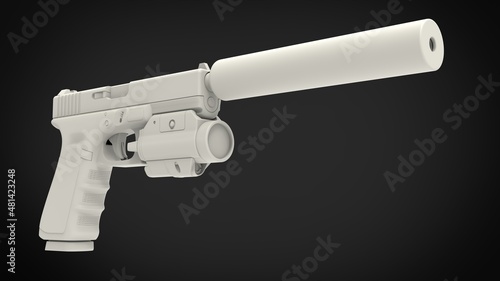 White modern handgun with silencer and laser sight attachment photo