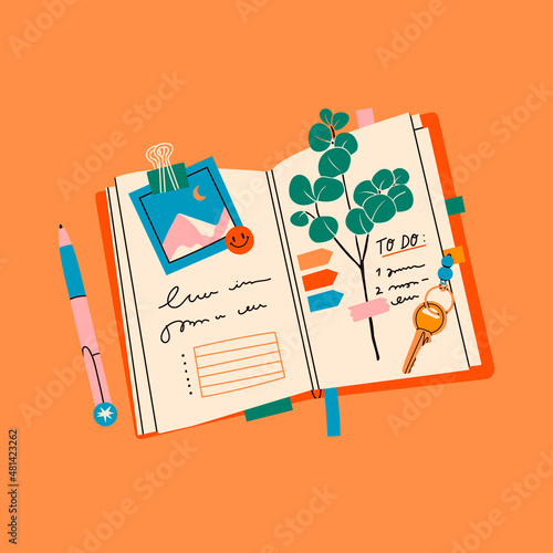 Open Notebook. Bullet journal or notepad with pen. Colorful organizer. Diary with stick notes, bookmarks, to do list, herbarium, photo card. Hand drawn modern Isolated Vector illustration