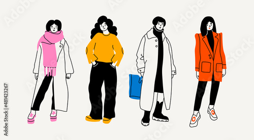 Street fashion look for girls. Young women dressed in stylish trendy oversized clothing. Models standing in various poses. Korean japanese asian cartoon style. Hand drawn Vector isolated illustrations
