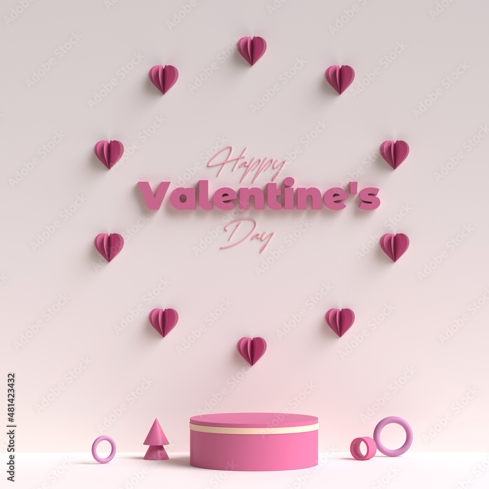 Happy Valentine's day product display empty podium with pink rose background