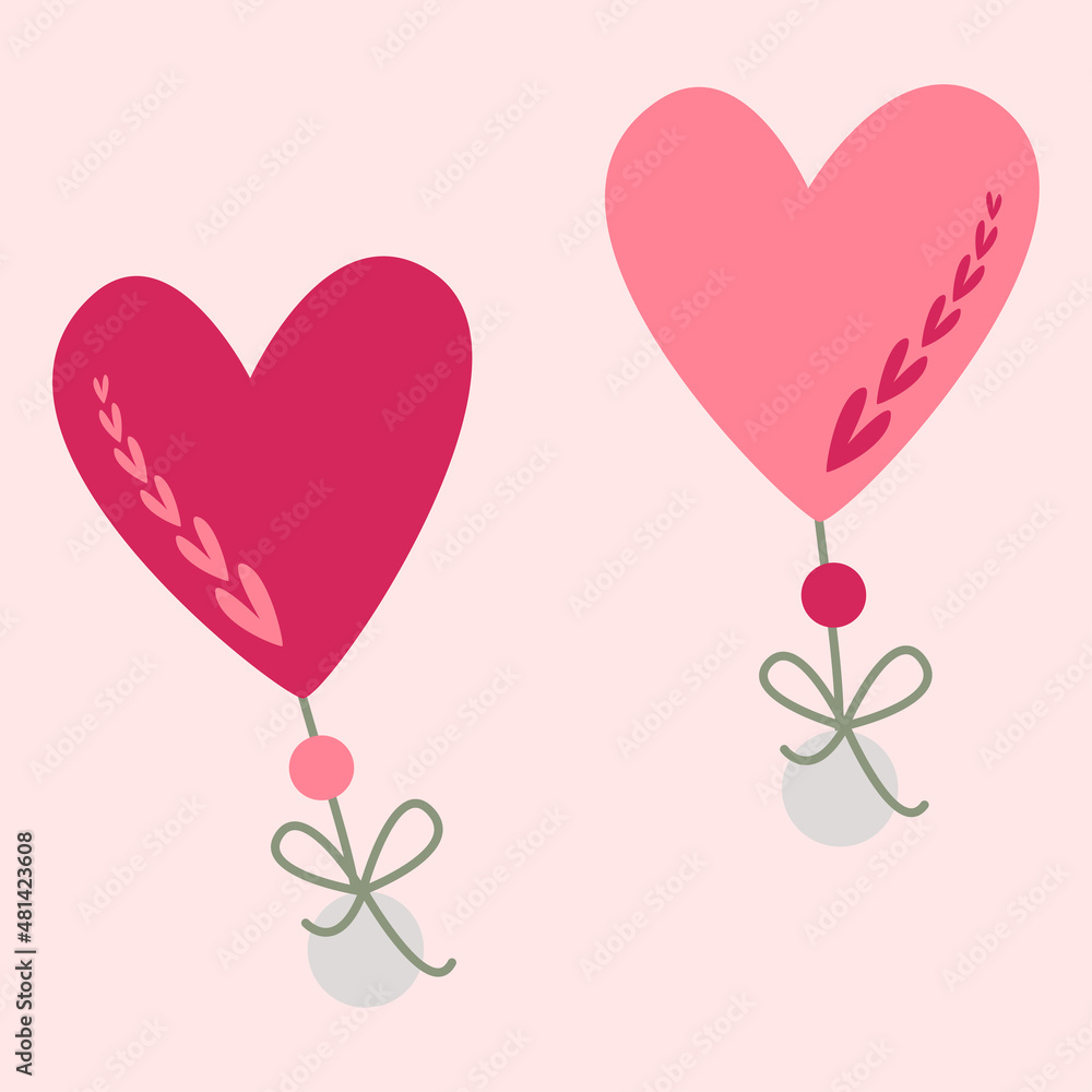 Two hearts with beads and a bow. Valentine card. Vector symbols of love. valentine's day. A series of postcards in the boho style.