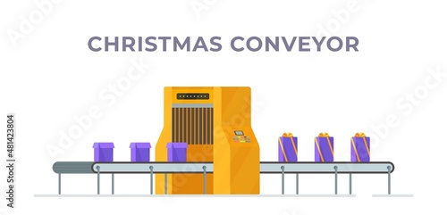 The vector illustration of christmas conveyor. Machine for assembling presents at work. 