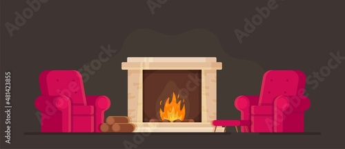 Vector illustration of the concept of a cozy room with a fireplace and armchairs. Bask by the fireplace in the cold season.