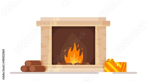 Vector illustration of an isolated fireplace on a white background. Winter, New Year atmosphere.