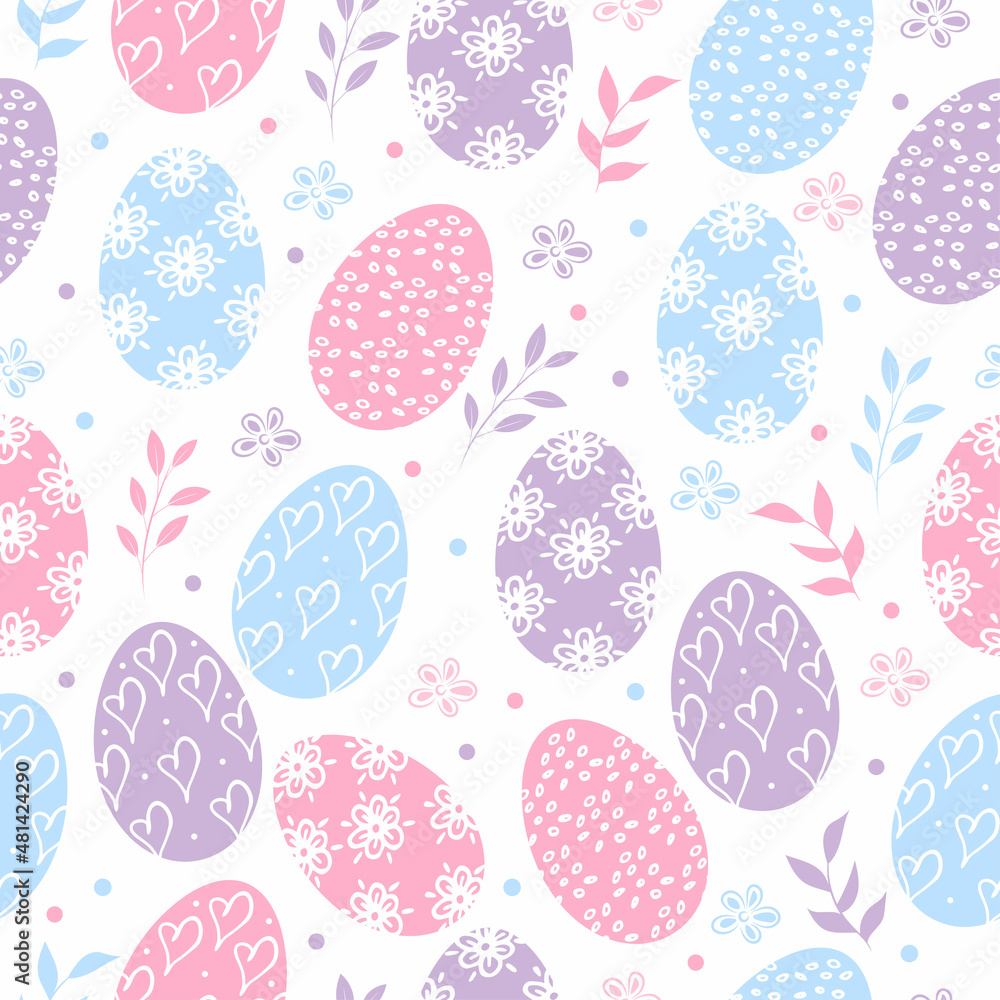 Easter eggs, branch and flower seamless pattern . Elements for holiday on white background. Vector illustration Easter eggs, branch and flower seamless pattern . Elements for holiday on white background. Vector illustration