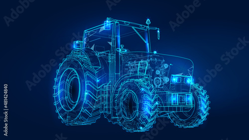 Polygonal 3d tractor in dark blue background. Online cargo delivery service, logistics or tracking app concept. Abstract vector illustration of online freight delivery service.