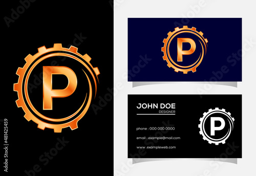Initial P monogram alphabet in a gear spiral. Gear engineer logo design. Logo for automotive