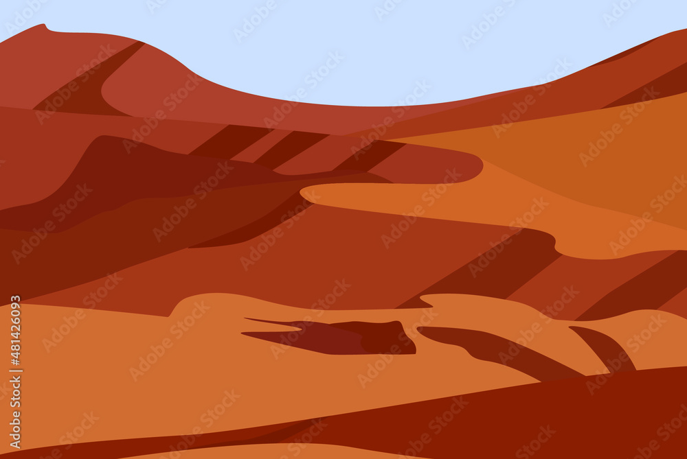 Desert vector image. Flat image in light colors. Light blue sky and shimmering sea of sandy desert in different shades. Design for backgrounds, patterns, textiles, postcards.