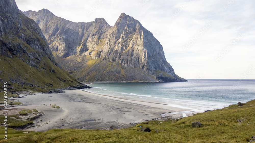 Panorama view from Kvalvika Beach in Lofoten Islands, Norway Panorama view from Kvalvika Beach in Lofoten Islands, Norway