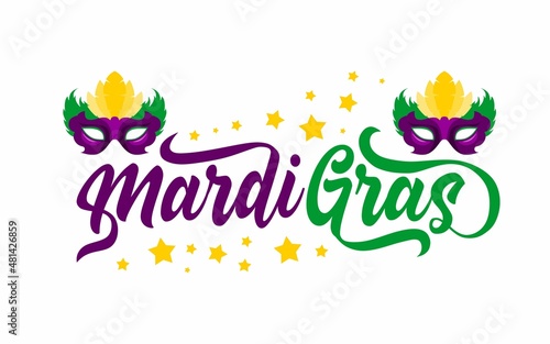Handwritten modern brush lettering of Mardi Gras with stars and decorative mask on white background, vector illustration