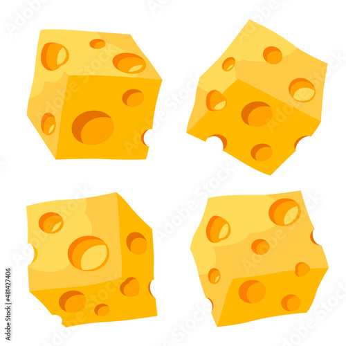 Set of square pieces of cheese on a white background.