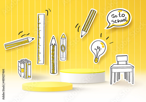 Hand drawn background mock up with podium for product display. 3d rendering.