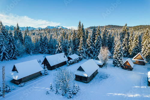 Jurgow Shepherd Village near Zakopane in Winter Snow. Drone Aerial view