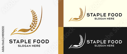 wheat or rice logo design template with flying abstract bird element concept. premium vector logo illustration