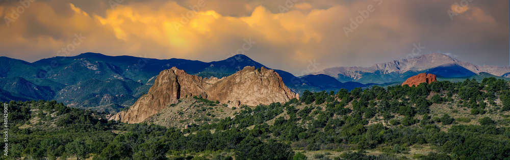 Garden of the gods rock formations with threatening clouds, near Colorado Springs, Colorado.